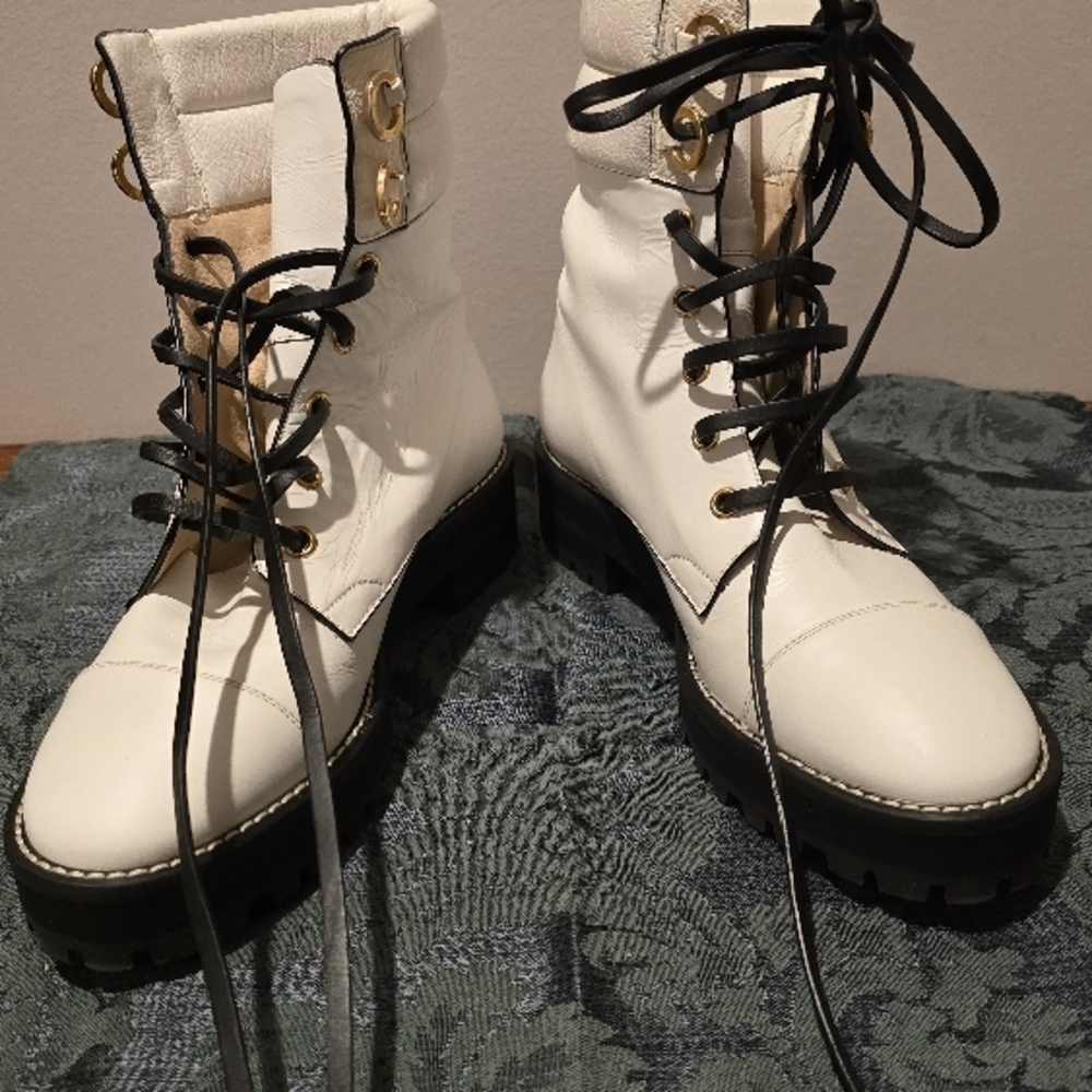 White Combat Boots with Leather Upper